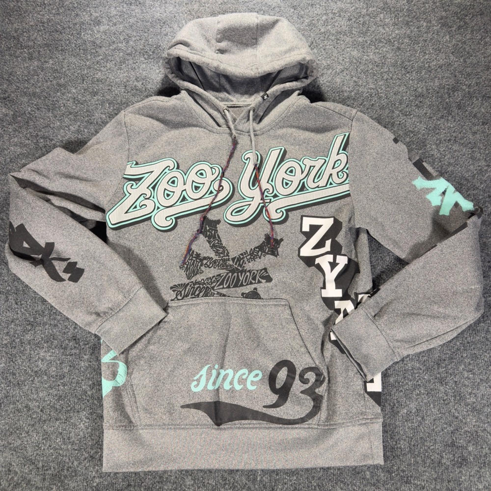 Zoo York Hoodie Mens Small Gray Teal Graphic Skate Streetwear Pullover Sweatshir